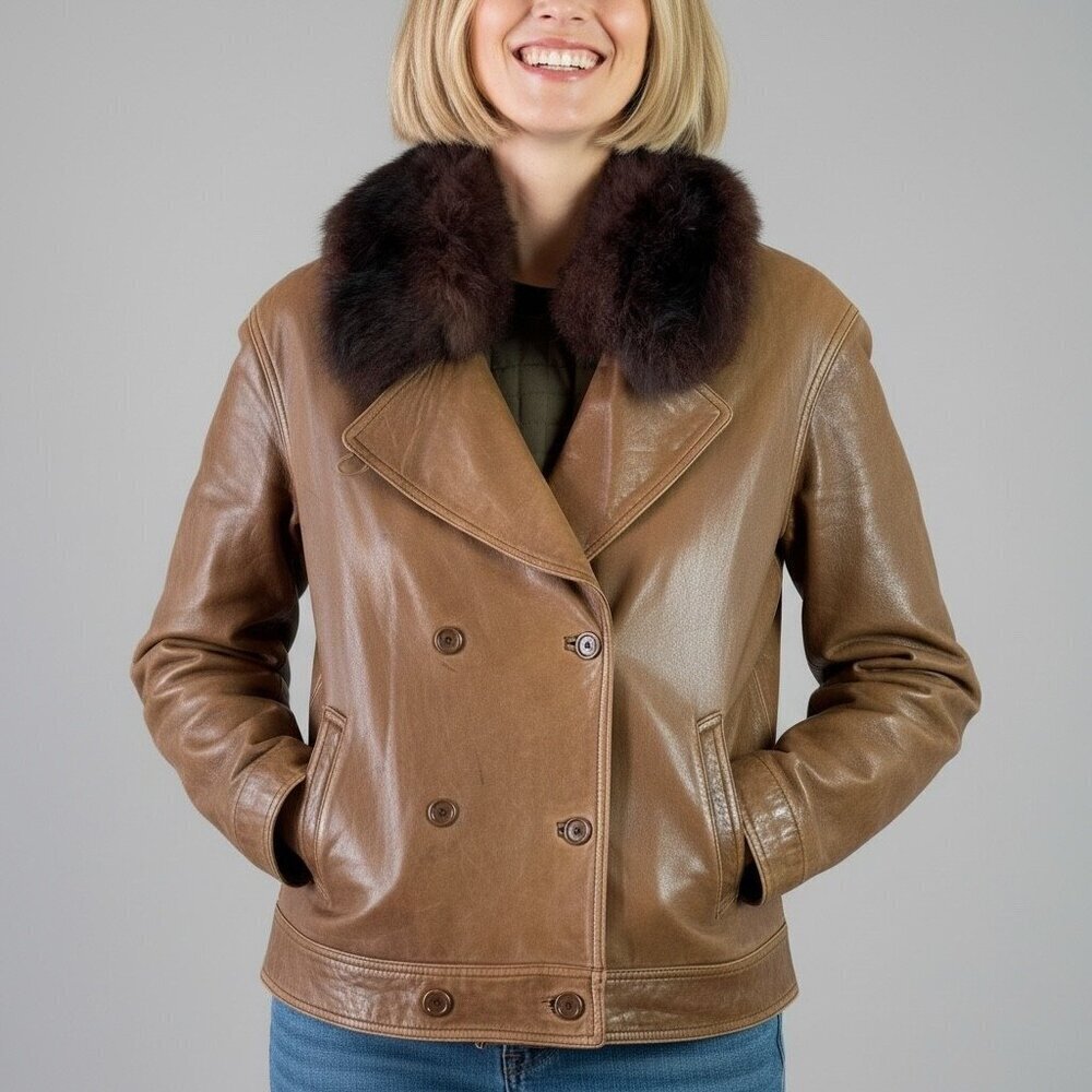 Vintage Brown Leather Jacket Mink Collar Double Breasted Size Medium